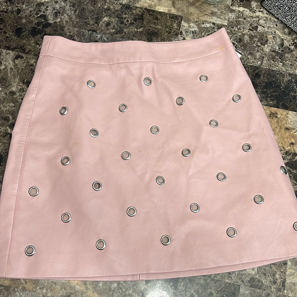 Top shop faux leather pink mini skirt size 4. Silver embellishments.